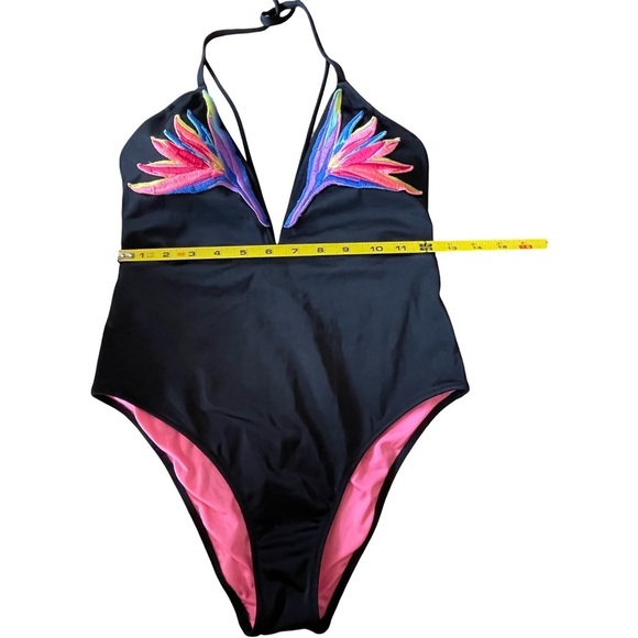 PINK Victoria's Secret Black and Pink Swimwear Embroidered One Piece Medium - Picture 10 of 12